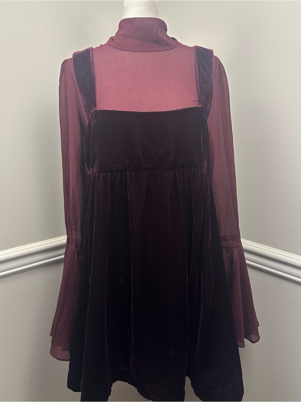 Free People Plum Velvet Pinafore Dress with Sheer Long Sleeves S